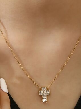 Gold Crystal Cross Necklace for Women - Sparkling Pendant